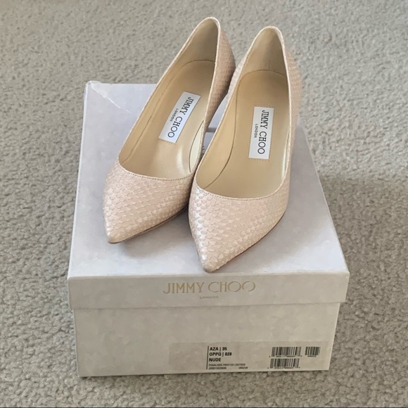 Jimmy Choo Nude Aza Pearlised Printed Leather Pointy Toe Heels - Picture 11 of 11
